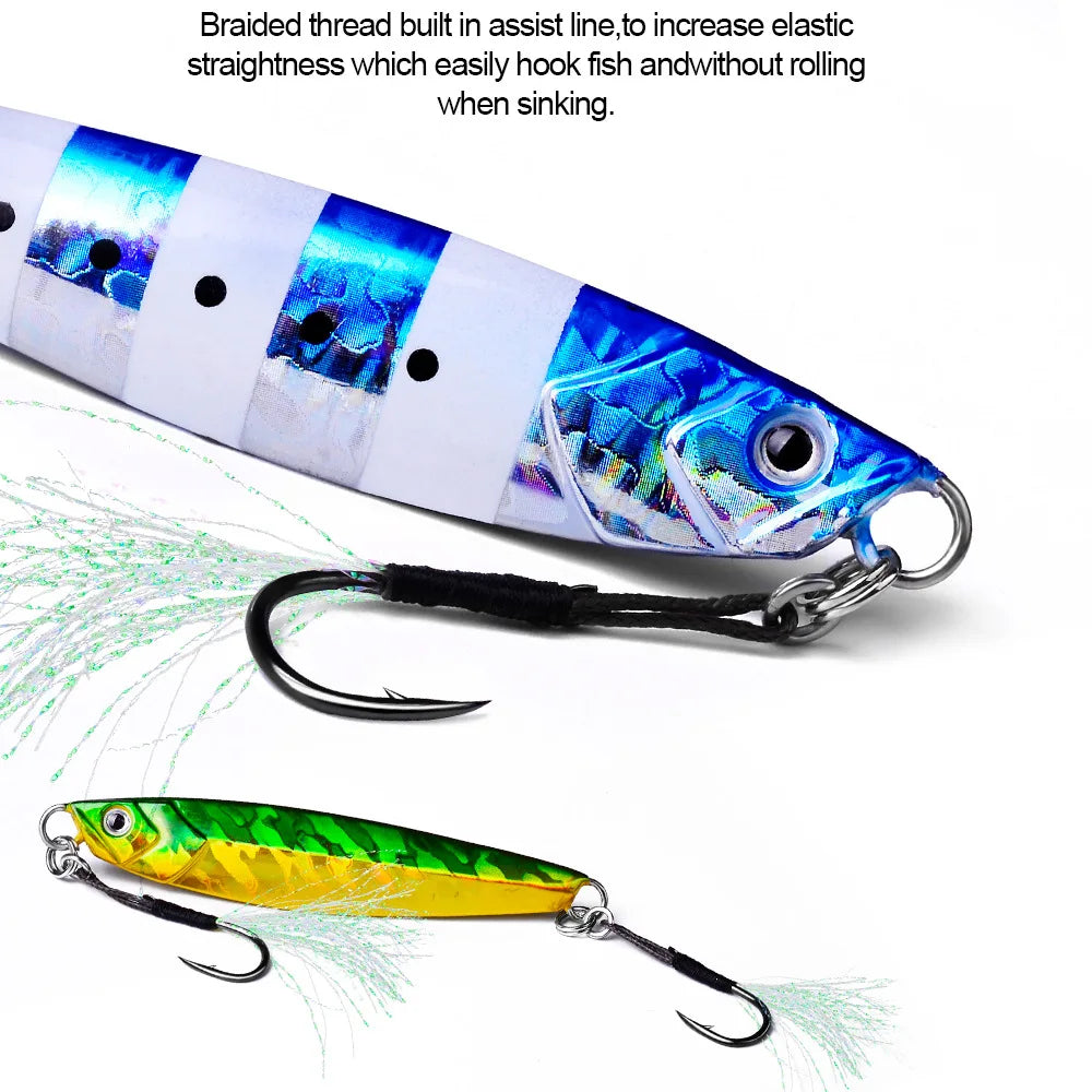10 Assist Hooks 11-19# PE Line Feather Solid Ring Jigging Assist Fishhooks 5-80g Lures