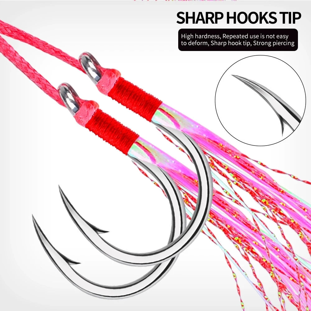 2X Fishing Assist Hooks High Carbon Steel Double Trouble Pink Skirts 5 Pack/10 Hooks