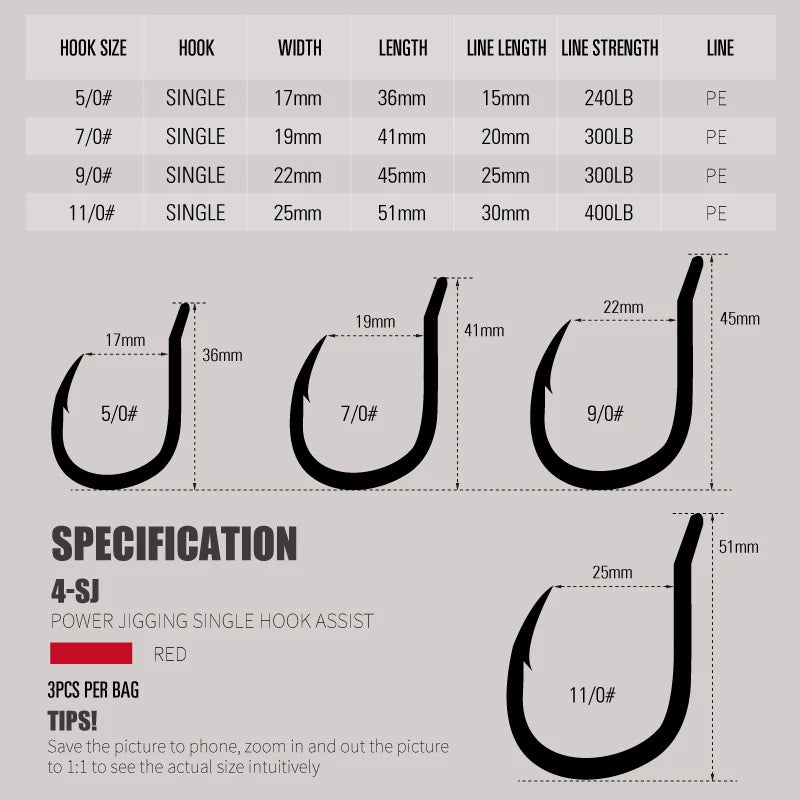 Fishing 4-PJ Power Assist Hooks Heavy Duty Big Game 3 Pack 240-400lb. PE Line