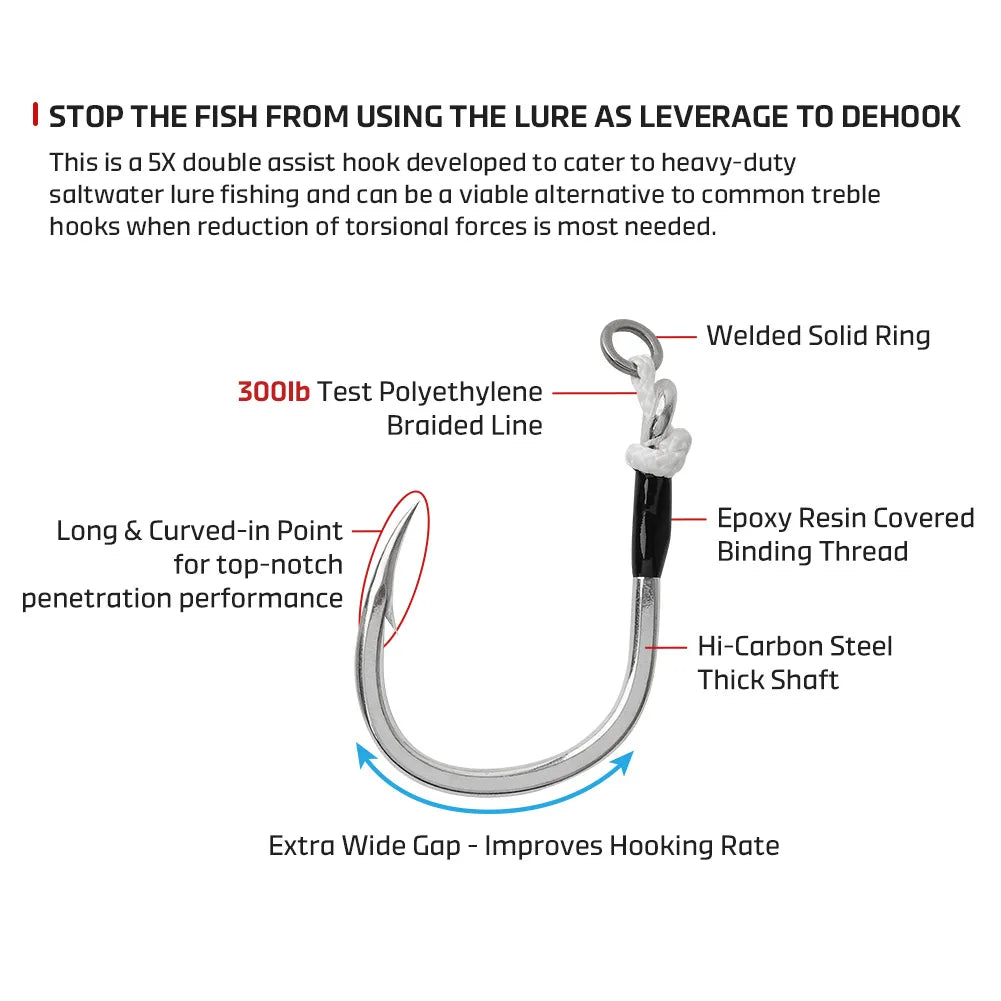 NOEBY Plugging Inline Single Assist Hook 5X Fishing Hooks 4/0 5/0 6/0 7/0 Lure Hooks Big Game Saltwater Tuna GT Fishing Tackle