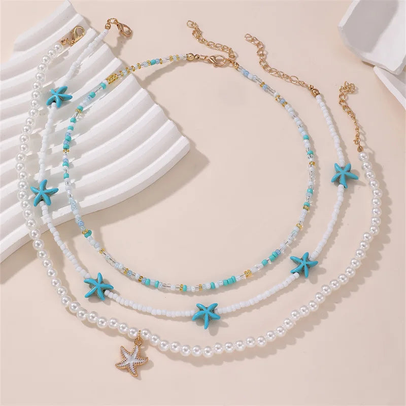 Bohemian Multilayer Rice Bead Chain Clavicle Necklace Vintage Acrylic Turtle Starfish Shell Pendant Choker Women Beach Jewelry