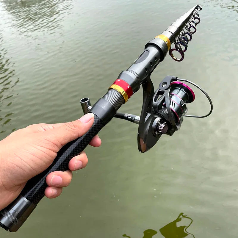 Telescopic Carbon Fiber Spinning Fishing Rod & Reel Combo Kit 1.8-3.6m