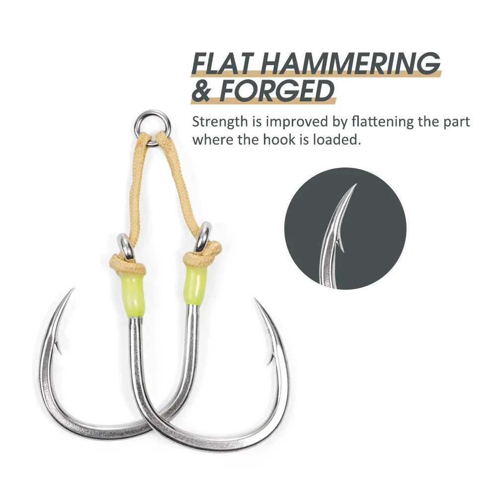 Heavy Duty Twin Assist Hooks, Kevlar Line, Solid Ring, Sharp High Strength Hooks 2PK, Size 3/0-7/0