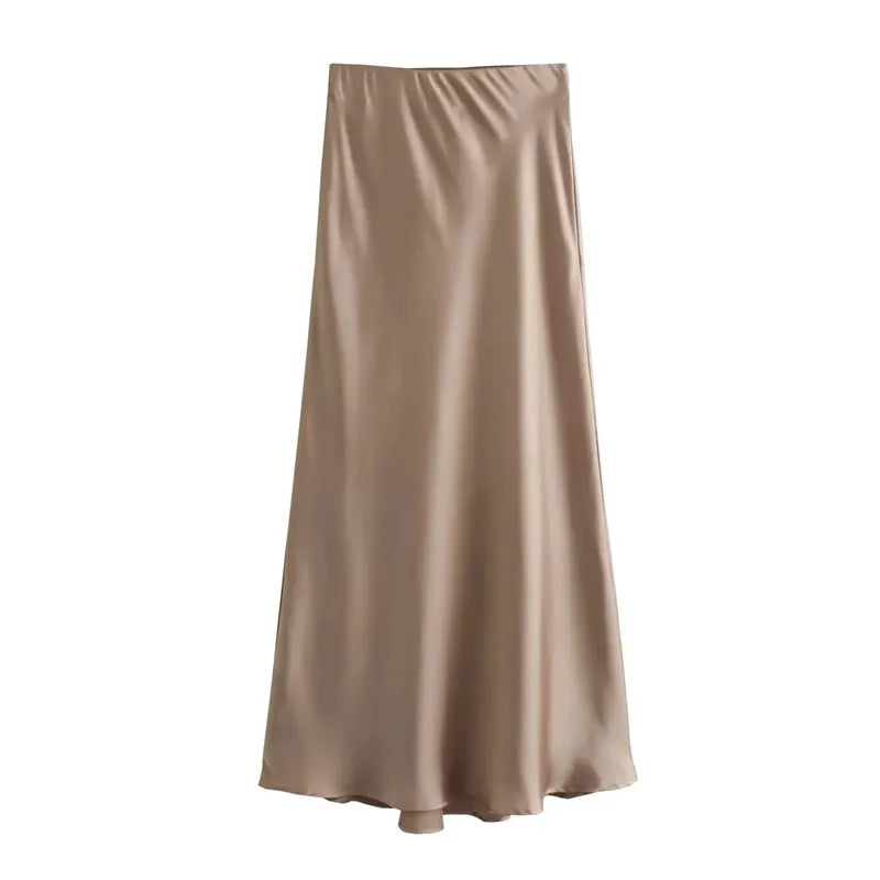 LuxeSatin Women Midi Skirt High Waist - Office Elegant Look