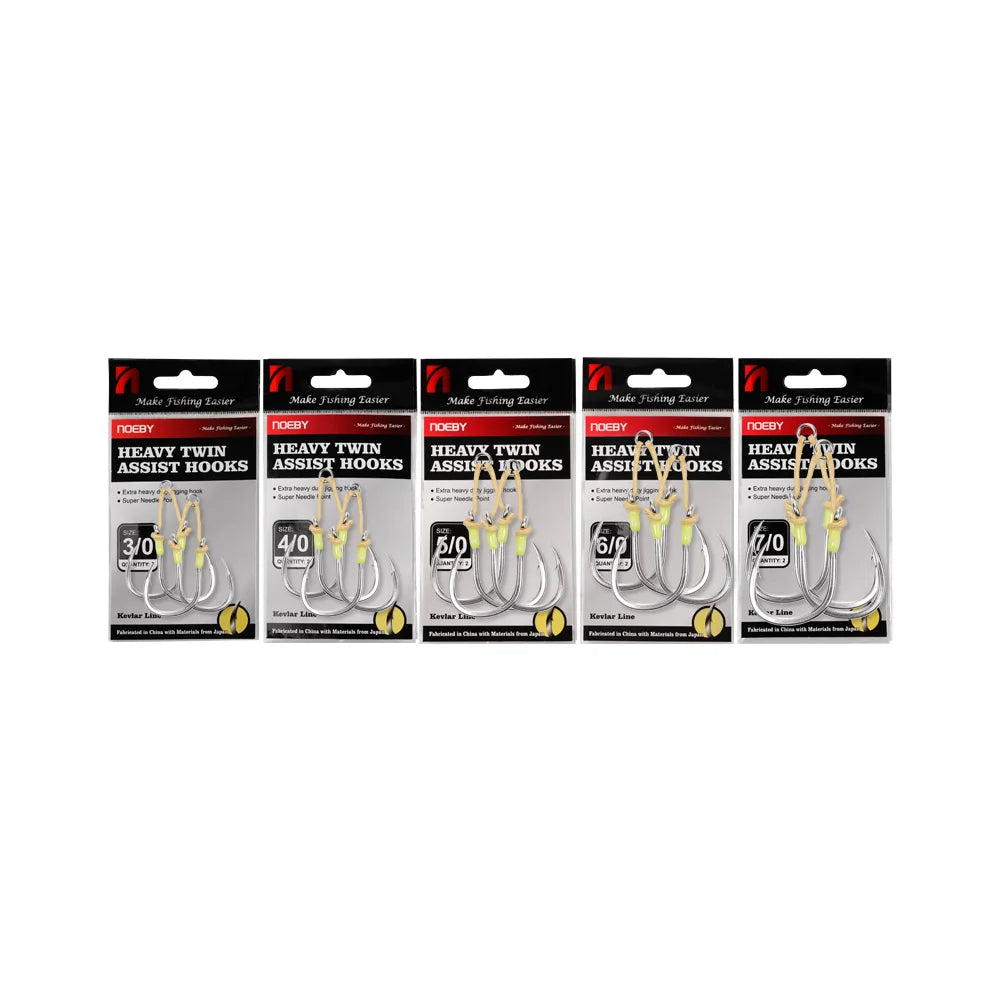 Heavy Duty Twin Assist Hooks, Kevlar Line, Solid Ring, Sharp High Strength Hooks 2PK, Size 3/0-7/0