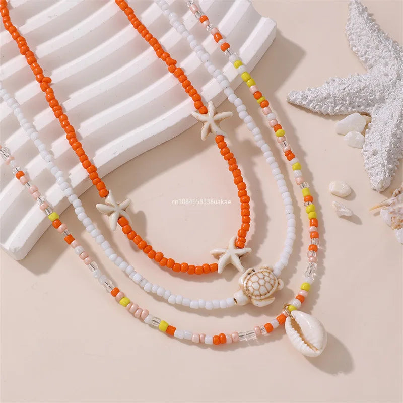Bohemian Multilayer Rice Bead Chain Clavicle Necklace Vintage Acrylic Turtle Starfish Shell Pendant Choker Women Beach Jewelry